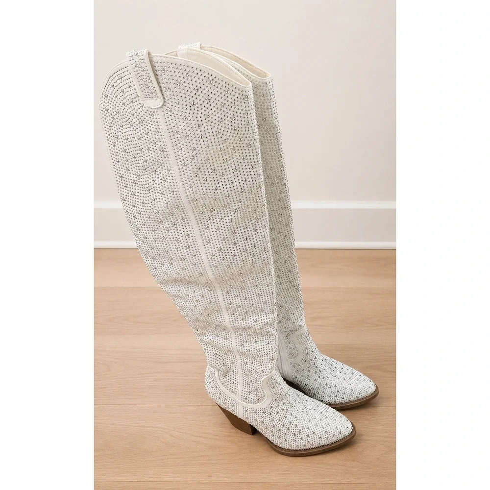 Forever White Rhinestone Over The Knee Western Cowgirl Boots Pointed Toe Heel 9